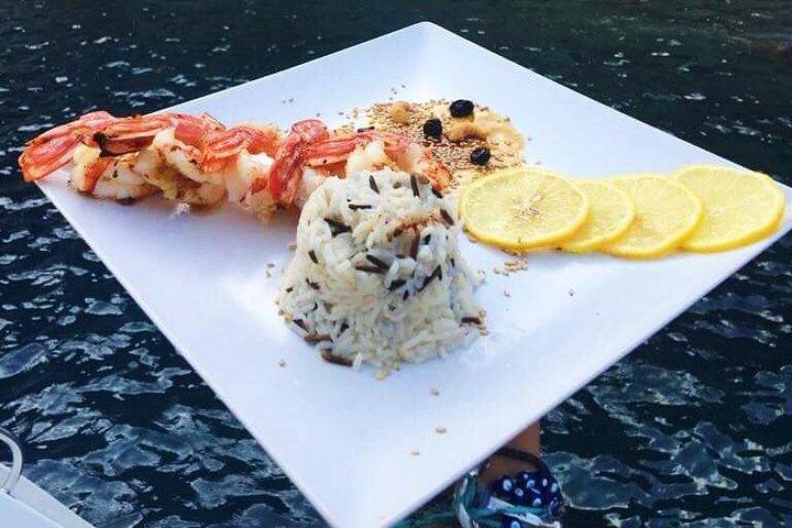 Santorini Luxury Catamaran Sunset Cruise with BBQ, Drink and Transfer