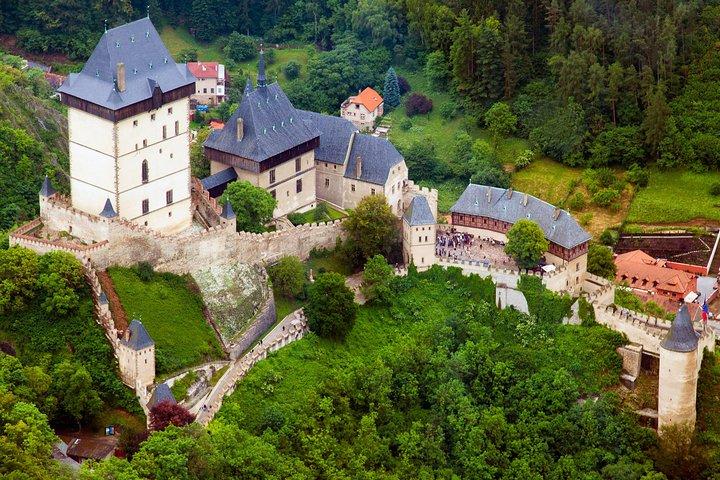 Karlstejn Castle in Vintage Convertible Car
