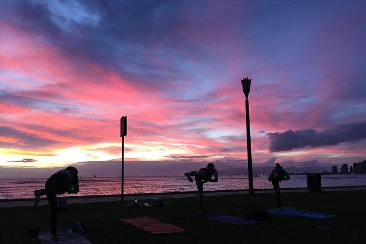 Beach Yoga on Waikiki with Diamondhead Backdrop