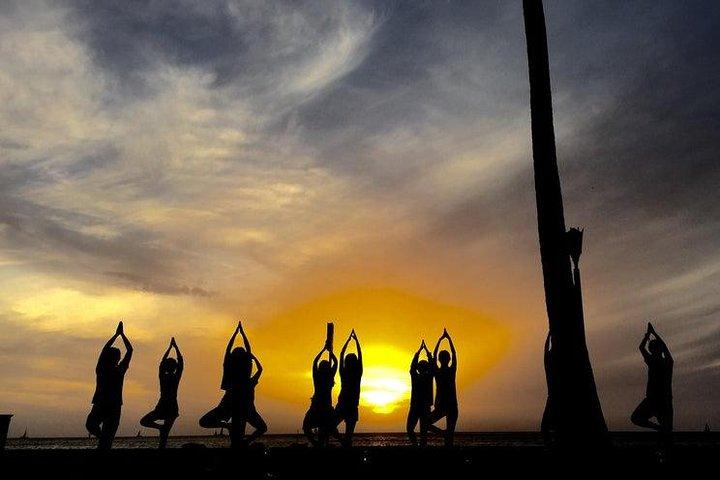 Beach Yoga on Waikiki with Diamondhead Backdrop