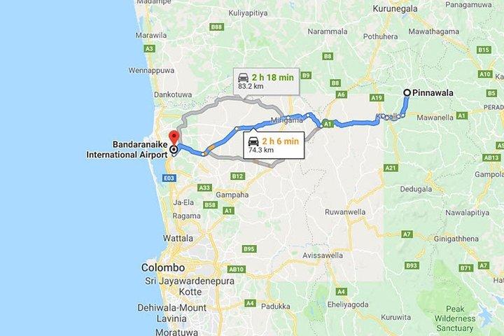 Pinnawala City to Colombo (CMB) Airport Private Transfer