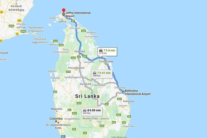 Batticaloa Airport (IATA: BTC) to Jaffna Intl. Airport (IATA: JAF) Transfer