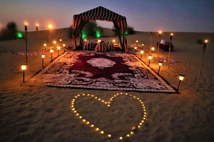 Romantic Dinner in Dubai Desert, Camel Ride, VIP Set Up & Falcons