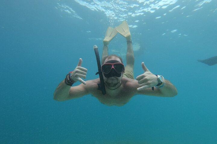 Snorkeling with turtle and statue in Gilis