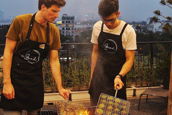 Authentic Bun Cha Hanoi making - with skyline view of Westlake