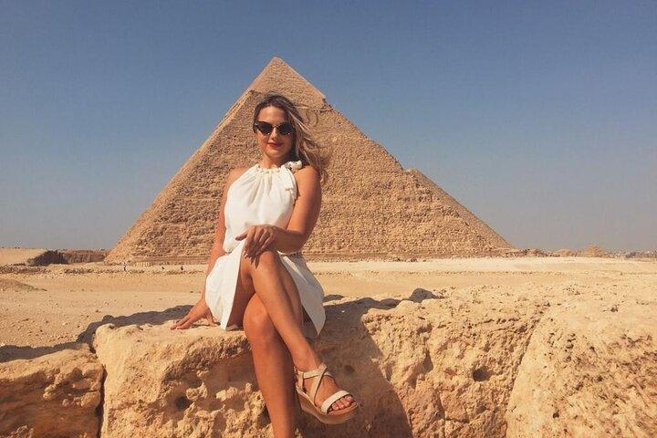 Grand Egyptian museum, Giza pyramids and the Sphinx with launch