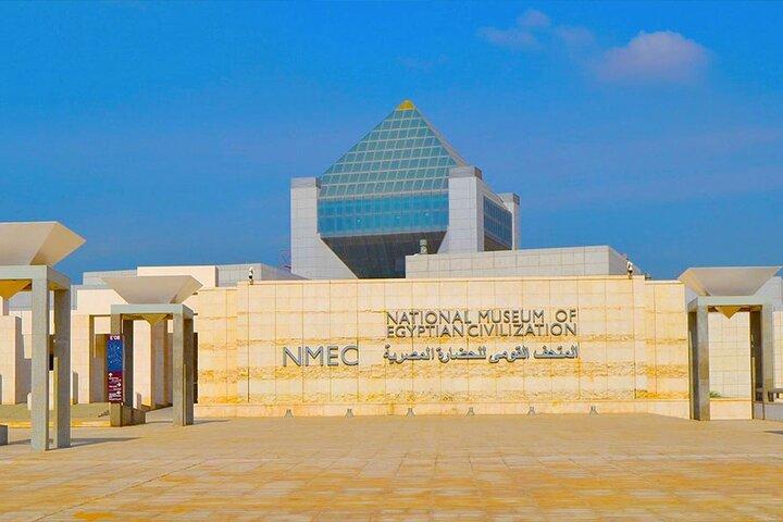 Grand Egyptian museum, Giza pyramids and the Sphinx with launch