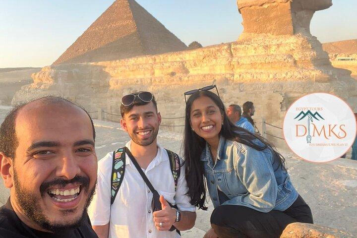 Grand Egyptian museum, Giza pyramids and the Sphinx with launch