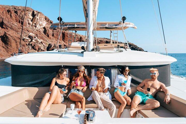 Luxury Santorini Catamaran Cruise: Lunch, BBQ, Drinks, Transfers
