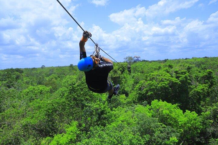 Cenote Jungle Adventure with Zipline circuit, transport & snacks