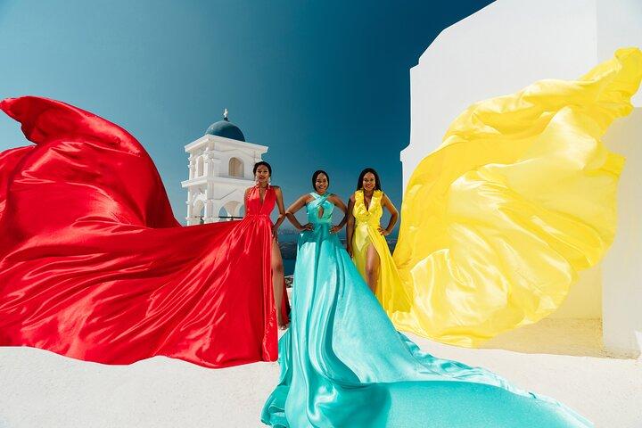Flying dress Santorini photoshoot experience by Miami Dress Photo