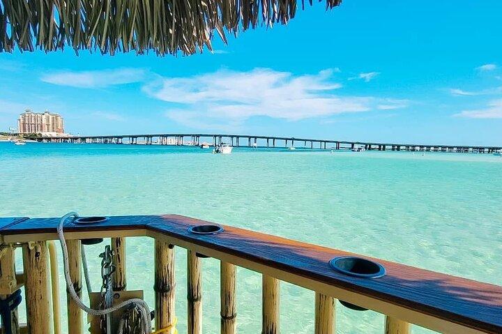 Tailfins Tiki Boats Crab Island Sandbar—we are available July 5