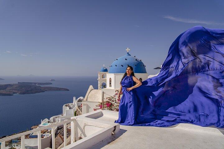 Flying Dress Photoshoot in Oia Private entry to Blue Dome