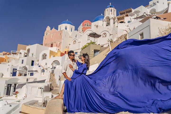 Flying Dress Photoshoot in Oia Private entry to Blue Dome