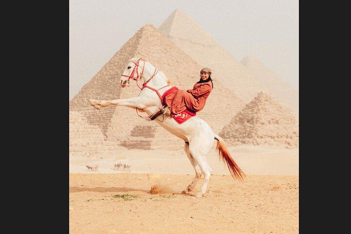 Giza Pyramids Photoshoot with Jumping Horse And Camel From Cairo