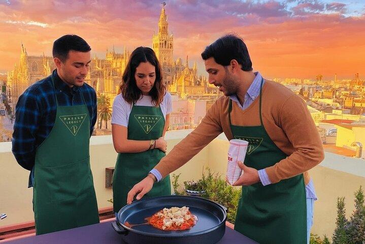 Seville: Small Group Rooftop Paella Class with Sangria Pairing