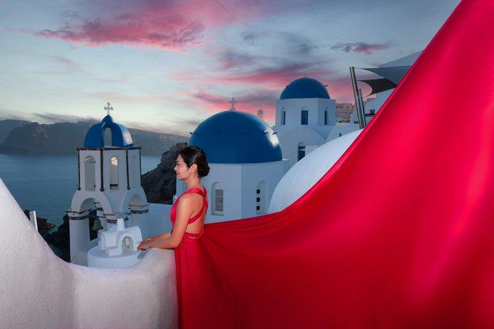 Flying Dress Photoshoot in Santorini, Blue Domes and Caldera View