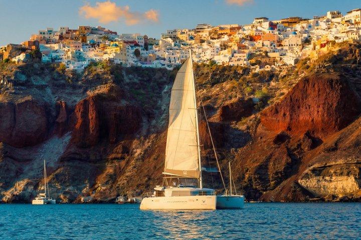 Santorini Gold Catamaran Cruise with BBQ, Drinks and Hotel Pickup