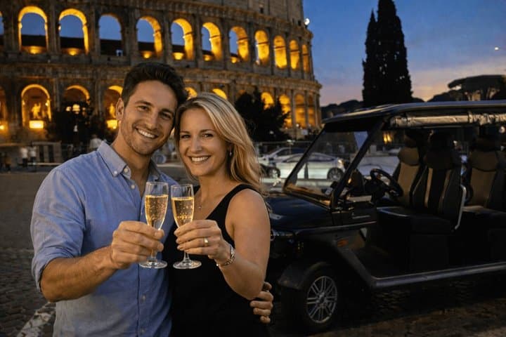 Panoramic Rome by Night Golf Cart Tour with Prosecco & Pick-Up
