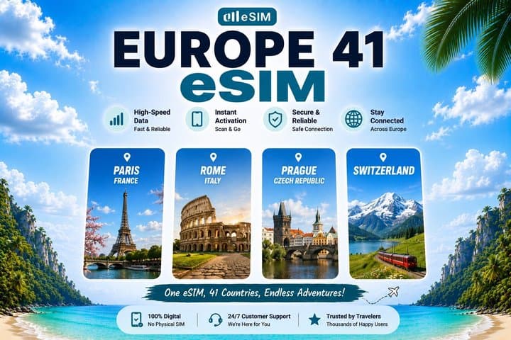 eSIM for Europe 41 counties | France, Italy, Spain, UK, etc.