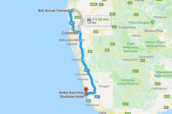 Private Taxi from Sri Lanka Airport (CMB-BIA) to Amba Ayurveda, Balapitiya