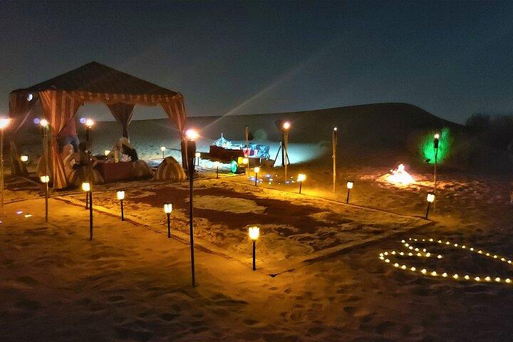 Romantic Dinner in Dubai Desert, Camel Ride, VIP Set Up & Falcons