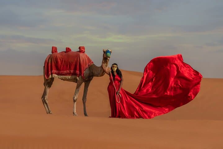 Flying Dress Photography in Desert Dunes of Dubai With Transfers
