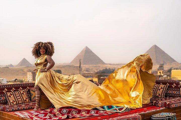 Pyramids of Giza Flying Dress Photoshoot from a Rooftop