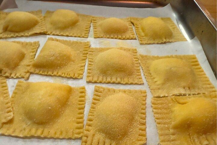 Course of pasta Fettuccine and Ravioli with Truffle, Tiramisu and Wine
