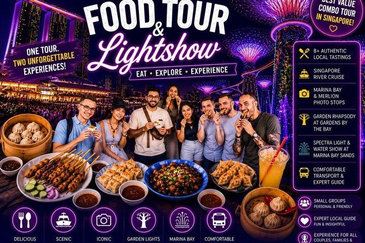 8-hr guided tour : Food Tour, 40-min River cruise & 2 light Shows